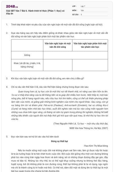 Giải SBT Văn 7 Bài 6. Hành trình tri thức (Phần 1: Đọc) có đáp án