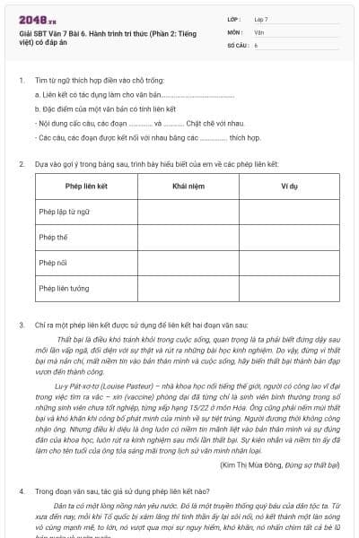 Giải SBT Văn 7 Bài 6. Hành trình tri thức (Phần 2: Tiếng việt) có đáp án