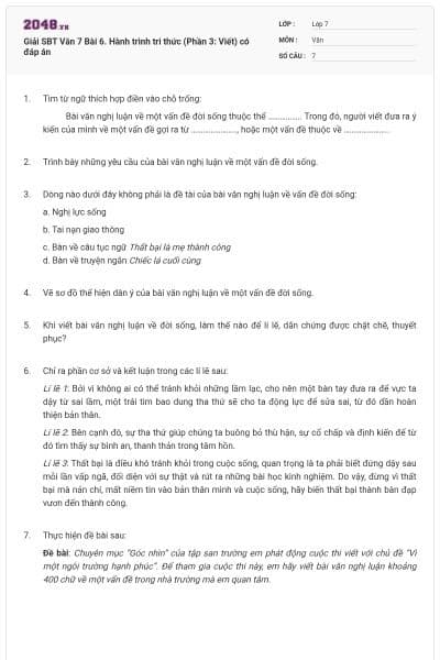 Giải SBT Văn 7 Bài 6. Hành trình tri thức (Phần 3: Viết) có đáp án