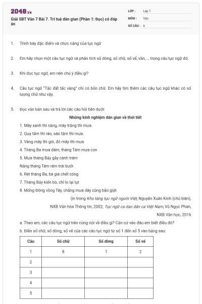 Giải SBT Văn 7 Bài 7. Trí tuệ dân gian (Phần 1: Đọc) có đáp án