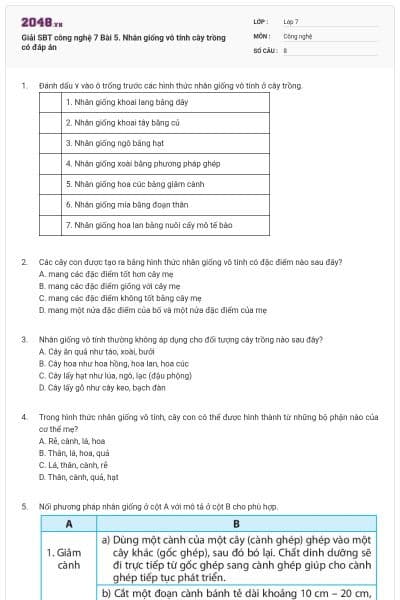 Giải SBT công nghệ 7 Bài 5. Nhân giống vô tính cây trồng có đáp án