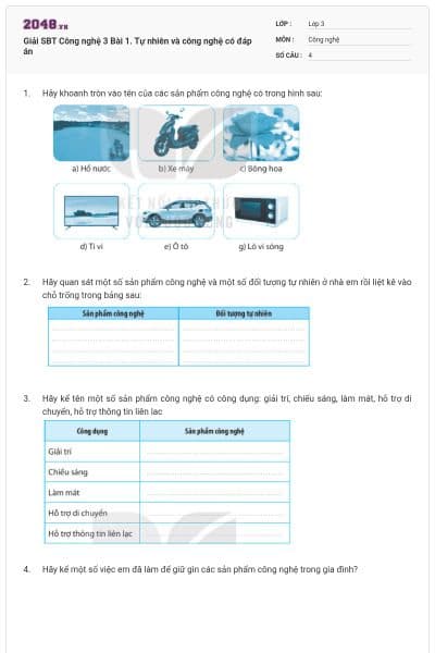 Giải SBT Công nghệ 3 Bài 1. Tự nhiên và công nghệ có đáp án
