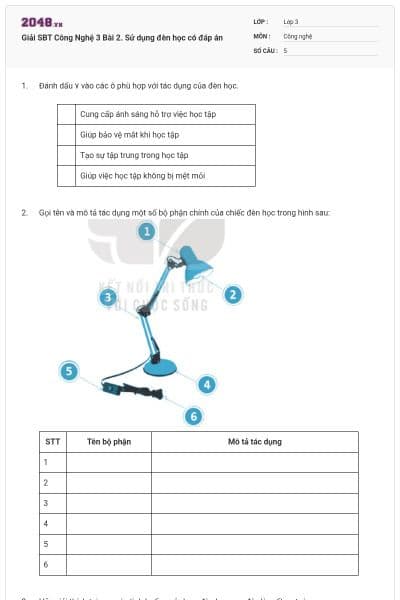 Giải SBT Công Nghệ 3 Bài 2. Sử dụng đèn học có đáp án
