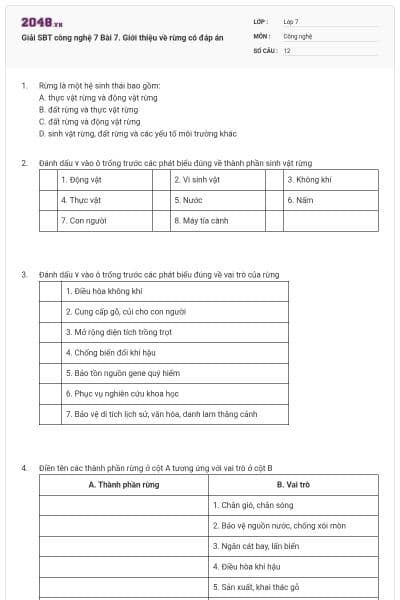 Giải SBT công nghệ 7 Bài 7. Giới thiệu về rừng có đáp án