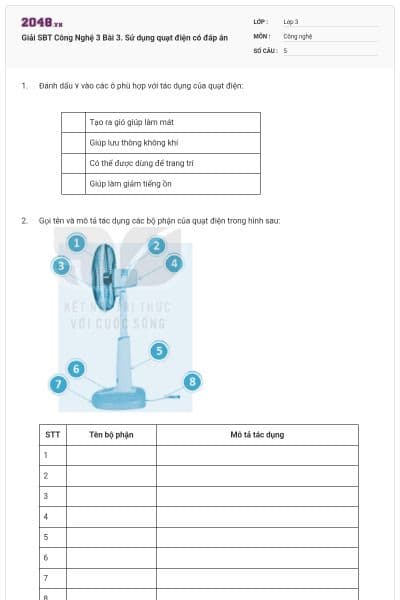 Giải SBT Công Nghệ 3 Bài 3. Sử dụng quạt điện có đáp án