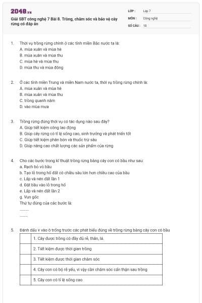 Giải SBT công nghệ 7 Bài 8. Trồng, chăm sóc và bảo vệ cây rừng có đáp án