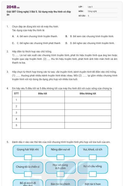 Giải SBT Công nghệ 3 Bài 5. Sử dụng máy thu hình có đáp án