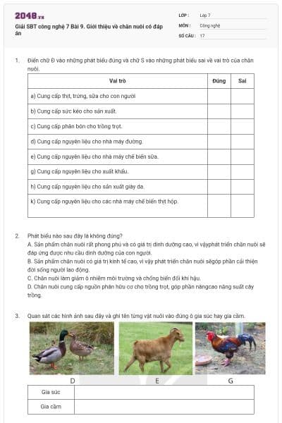 Giải SBT công nghệ 7 Bài 9. Giới thiệu về chăn nuôi có đáp án