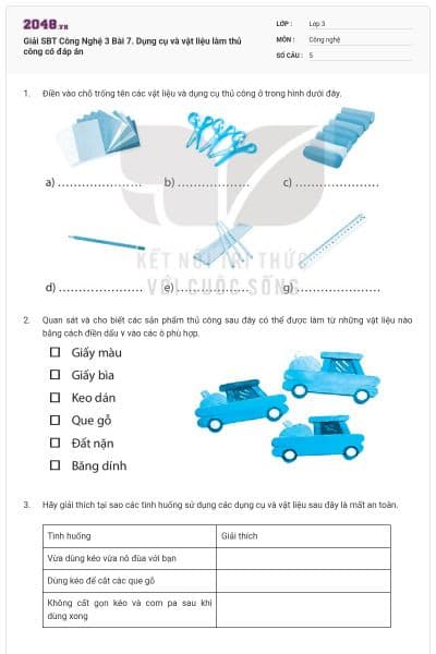 Giải SBT Công Nghệ 3 Bài 7. Dụng cụ và vật liệu làm thủ công có đáp án