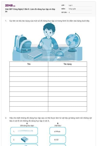 Giải SBT Công Nghệ 3 Bài 8. Làm đồ dùng học tập có đáp án