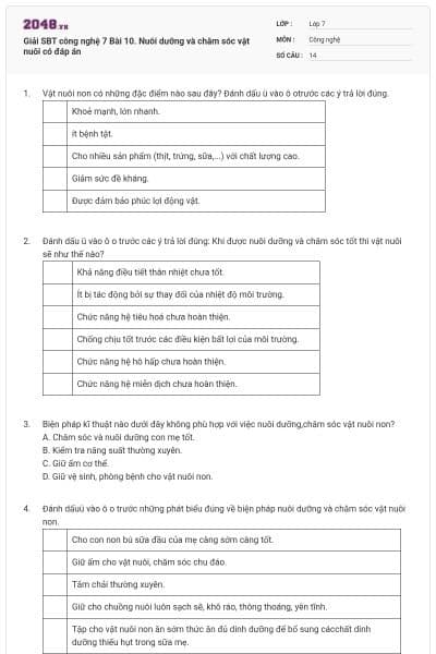 Giải SBT công nghệ 7 Bài 10. Nuôi dưỡng và chăm sóc vật nuôi có đáp án