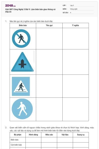 Giải SBT Công Nghệ 3 Bài 9. Làm biển báo giao thông có đáp án