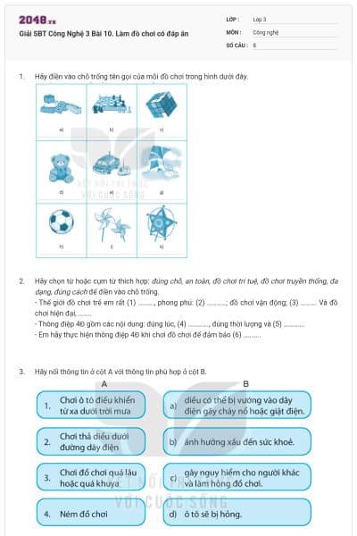 Giải SBT Công Nghệ 3 Bài 10. Làm đồ chơi có đáp án