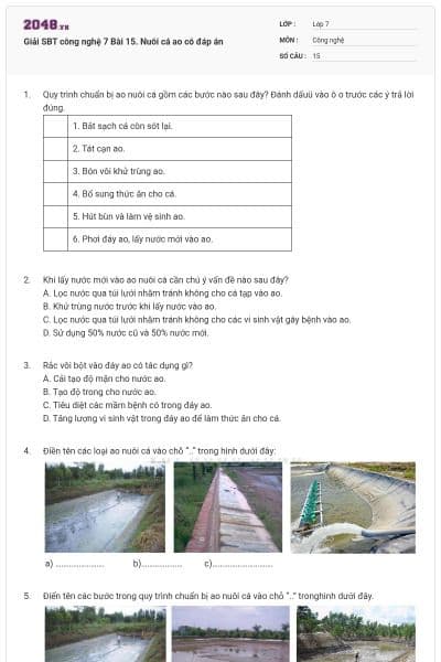 Giải SBT công nghệ 7 Bài 15. Nuôi cá ao có đáp án