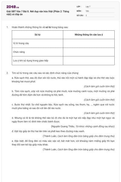 Giải SBT Văn 7 Bài 8. Nét đẹp văn hóa Việt (Phần 2: Tiếng việt) có đáp án