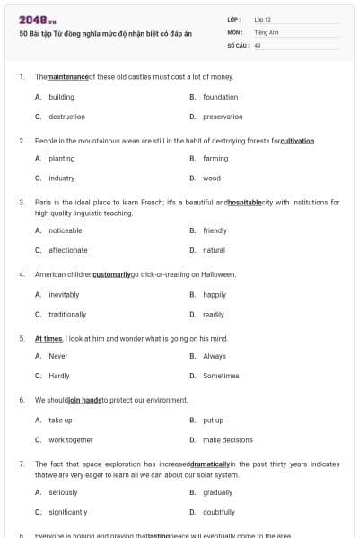 50 Bài tập Từ đồng nghĩa mức độ nhận biết có đáp án