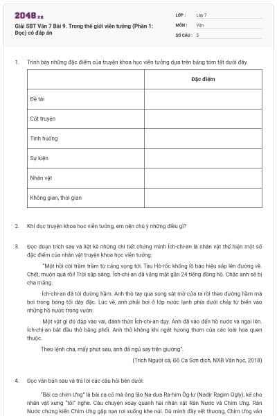 Giải SBT Văn 7 Bài 9. Trong thế giới viễn tưởng (Phần 1: Đọc) có đáp án