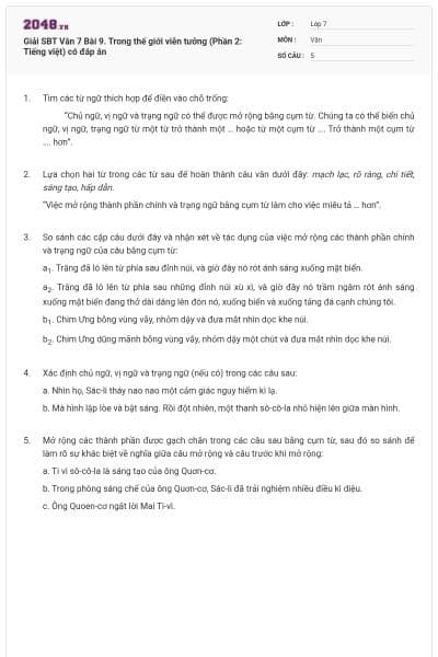 Giải SBT Văn 7 Bài 9. Trong thế giới viễn tưởng (Phần 2: Tiếng việt) có đáp án