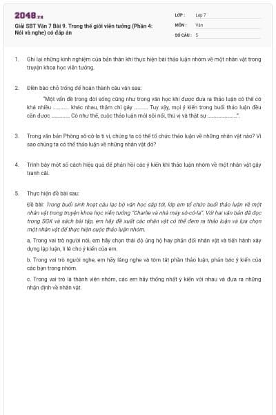 Giải SBT Văn 7 Bài 9. Trong thế giới viễn tưởng (Phần 4: Nói và nghe) có đáp án