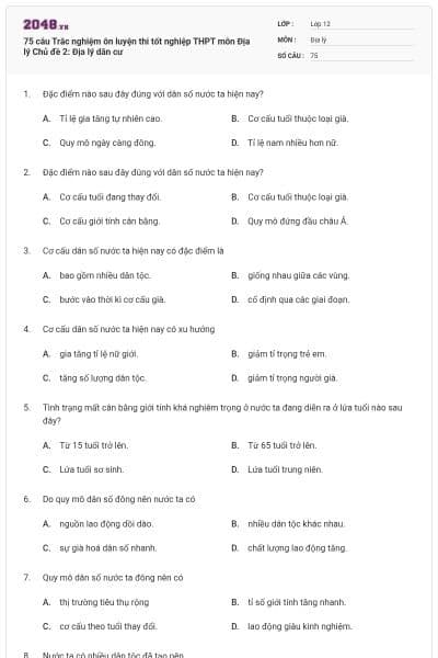 75 câu Trắc nghiệm ôn luyện thi tốt nghiệp THPT môn Địa lý Chủ đề 2: Địa lý dân cư