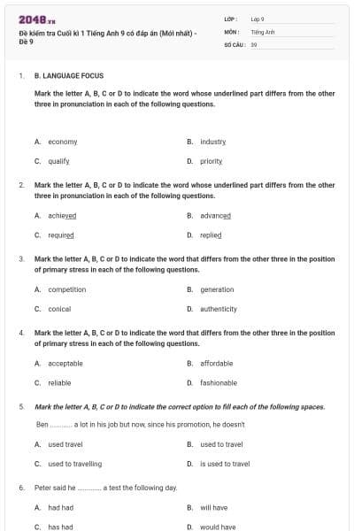 Đề kiểm tra Cuối kì 1 Tiếng Anh 9 có đáp án (Mới nhất) - Đề 9