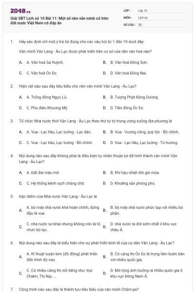 Giải SBT Lịch sử 10 Bài 11: Một số nền văn minh cổ trên đất nước Việt Nam có đáp án