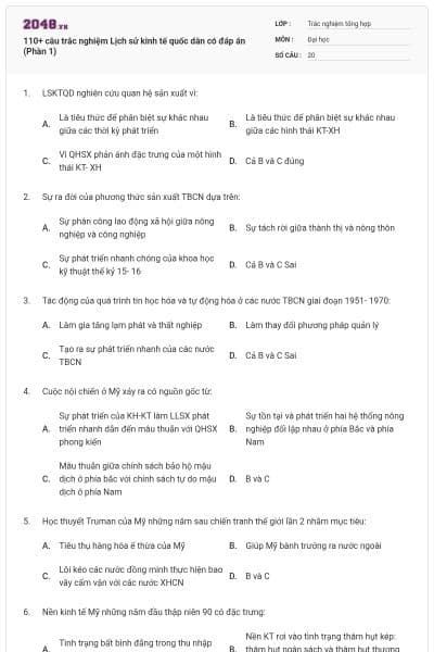 110+ câu trắc nghiệm Lịch sử kinh tế quốc dân có đáp án (Phần 1)