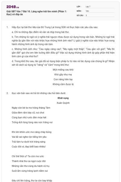 Giải SBT Văn 7 Bài 10. Lắng nghe trái tim mình (Phần 1: Đọc) có đáp án