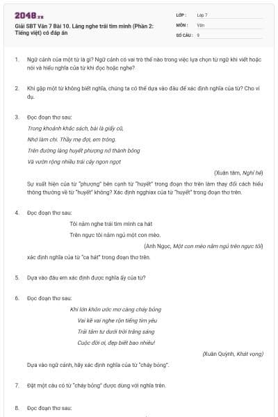 Giải SBT Văn 7 Bài 10. Lắng nghe trái tim mình (Phần 2: Tiếng việt) có đáp án