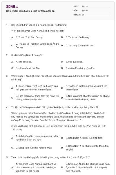 Đề kiểm tra Giữa học kì 2 Lịch sử 10 có đáp án