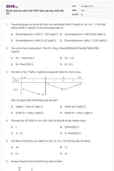 Bộ đề minh họa môn Toán THPT Quốc gia năm 2022 (đề 20)
