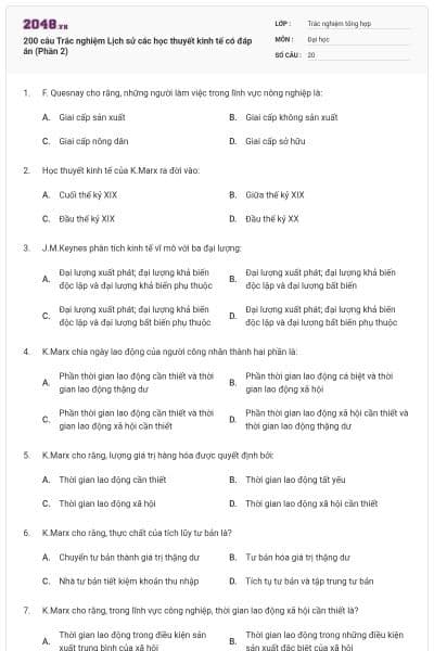 200 câu Trắc nghiệm Lịch sử các học thuyết kinh tế có đáp án (Phần 2)