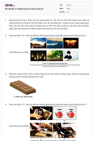 Bài tập Bài 15. Năng lượng và công có đáp án