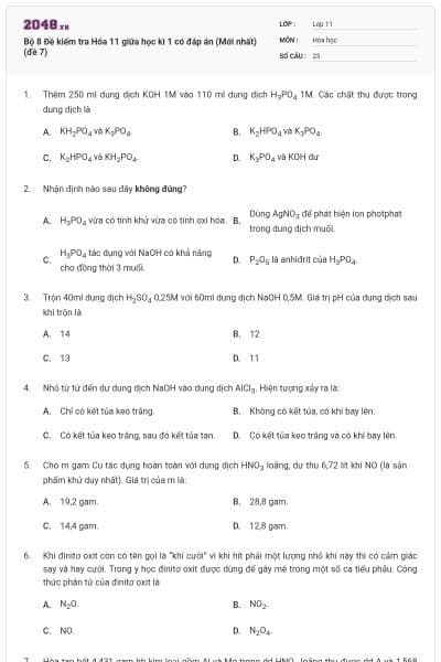 Bộ 8 Đề kiểm tra Hóa 11 giữa học kì 1 có đáp án (Mới nhất) (đề 7)