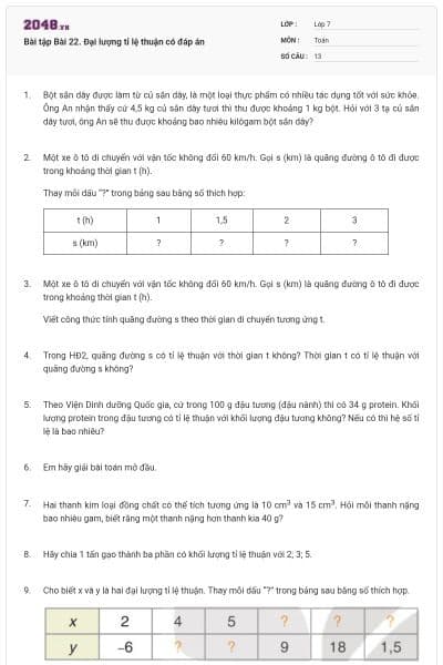 Bài tập Bài 22. Đại lượng tỉ lệ thuận có đáp án