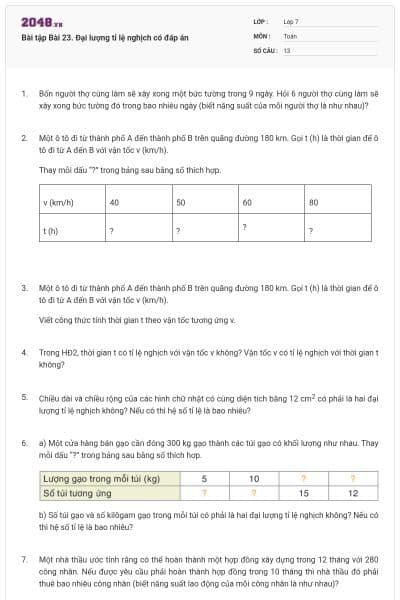 Bài tập Bài 23. Đại lượng tỉ lệ nghịch có đáp án