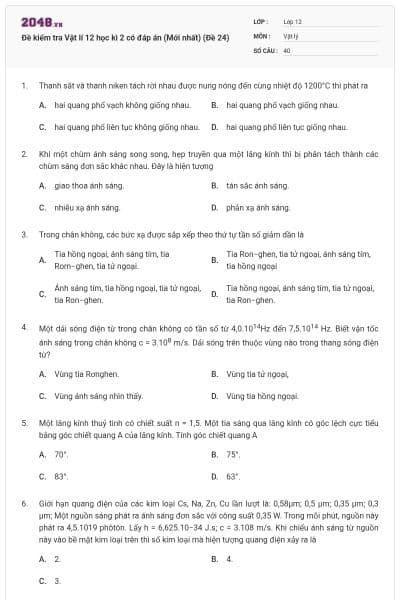 Đề kiểm tra Vật lí 12 học kì 2 có đáp án (Mới nhất) (Đề 24)