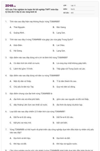 425 câu Trắc nghiệm ôn luyện thi tốt nghiệp THPT môn Địa lý Chủ đề 4: Địa lý các vùng kinh tế