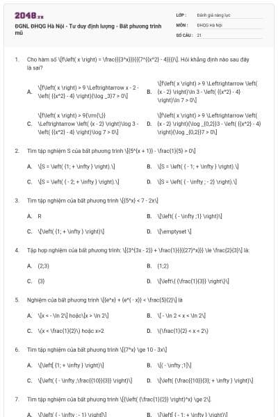 ĐGNL ĐHQG Hà Nội - Tư duy định lượng - Bất phương trình mũ