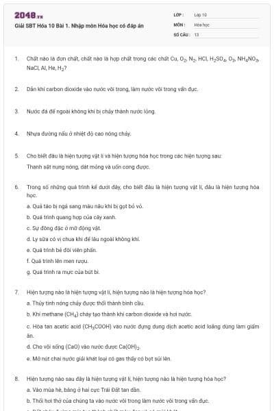 Giải SBT Hóa 10 Bài 1. Nhập môn Hóa học có đáp án