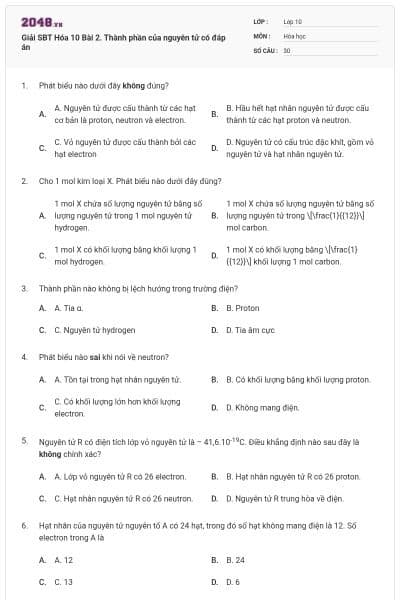 Giải SBT Hóa 10 Bài 2. Thành phần của nguyên tử có đáp án
