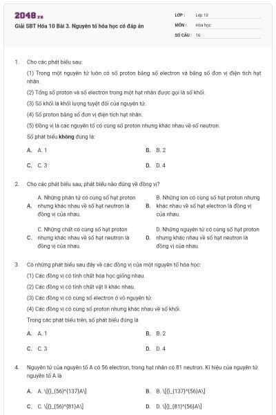 Giải SBT Hóa 10 Bài 3. Nguyên tố hóa học có đáp án