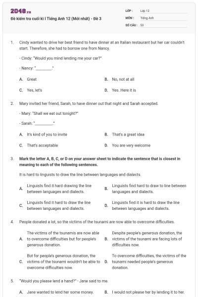 Đề kiểm tra cuối kì I Tiếng Anh 12 (Mới nhất) - Đề 3
