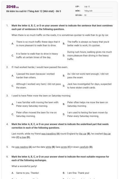 Đề kiểm tra cuối kì I Tiếng Anh 12 (Mới nhất) - Đề 5