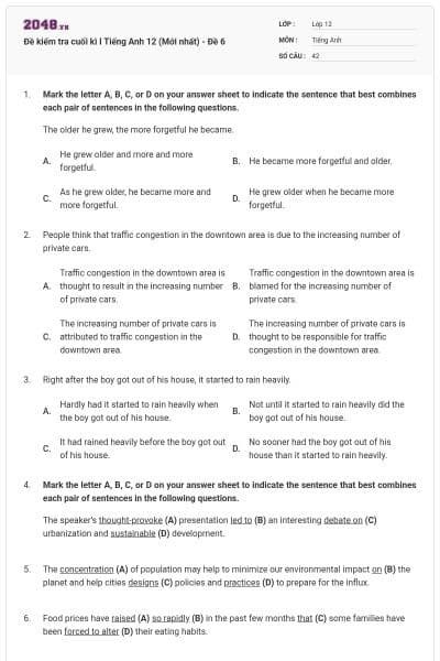 Đề kiểm tra cuối kì I Tiếng Anh 12 (Mới nhất) - Đề 6