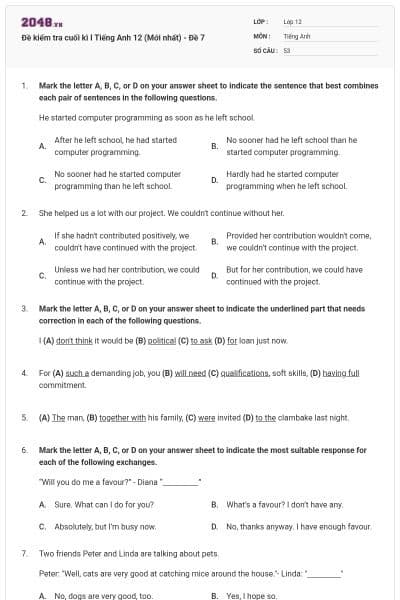 Đề kiểm tra cuối kì I Tiếng Anh 12 (Mới nhất) - Đề 7