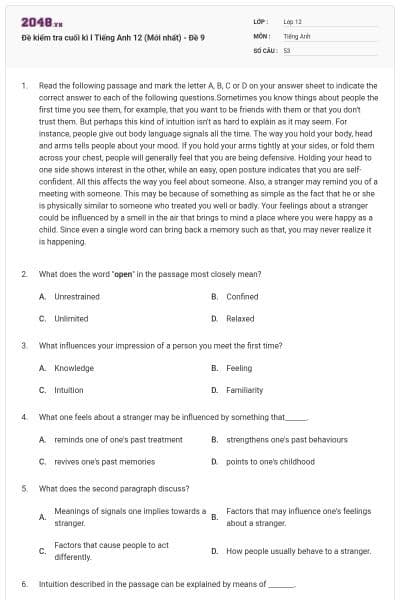 Đề kiểm tra cuối kì I Tiếng Anh 12 (Mới nhất) - Đề 9