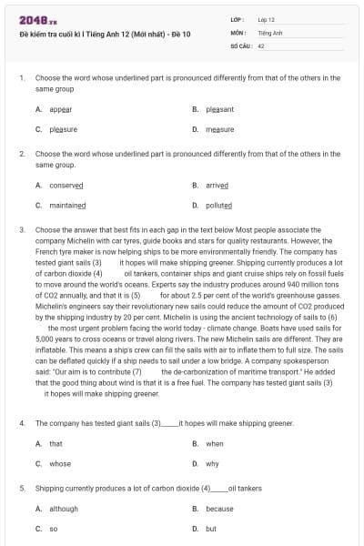 Đề kiểm tra cuối kì I Tiếng Anh 12 (Mới nhất) - Đề 10