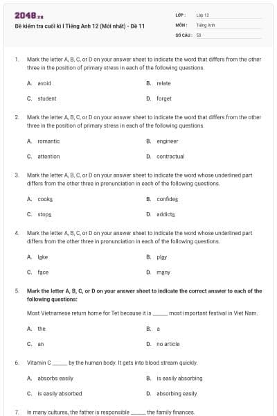 Đề kiểm tra cuối kì I Tiếng Anh 12 (Mới nhất) - Đề 11