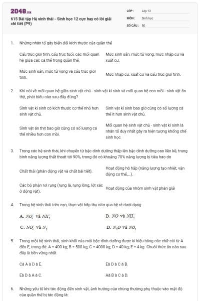 615 Bài tập Hệ sinh thái - Sinh học 12 cực hay có lời giải chi tiết (P9)
